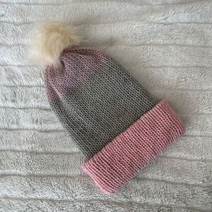 Handmade Knit Hat Beanie Sparkle Glitter Pink Ombre Faux Fur Pom Coquette Dainty